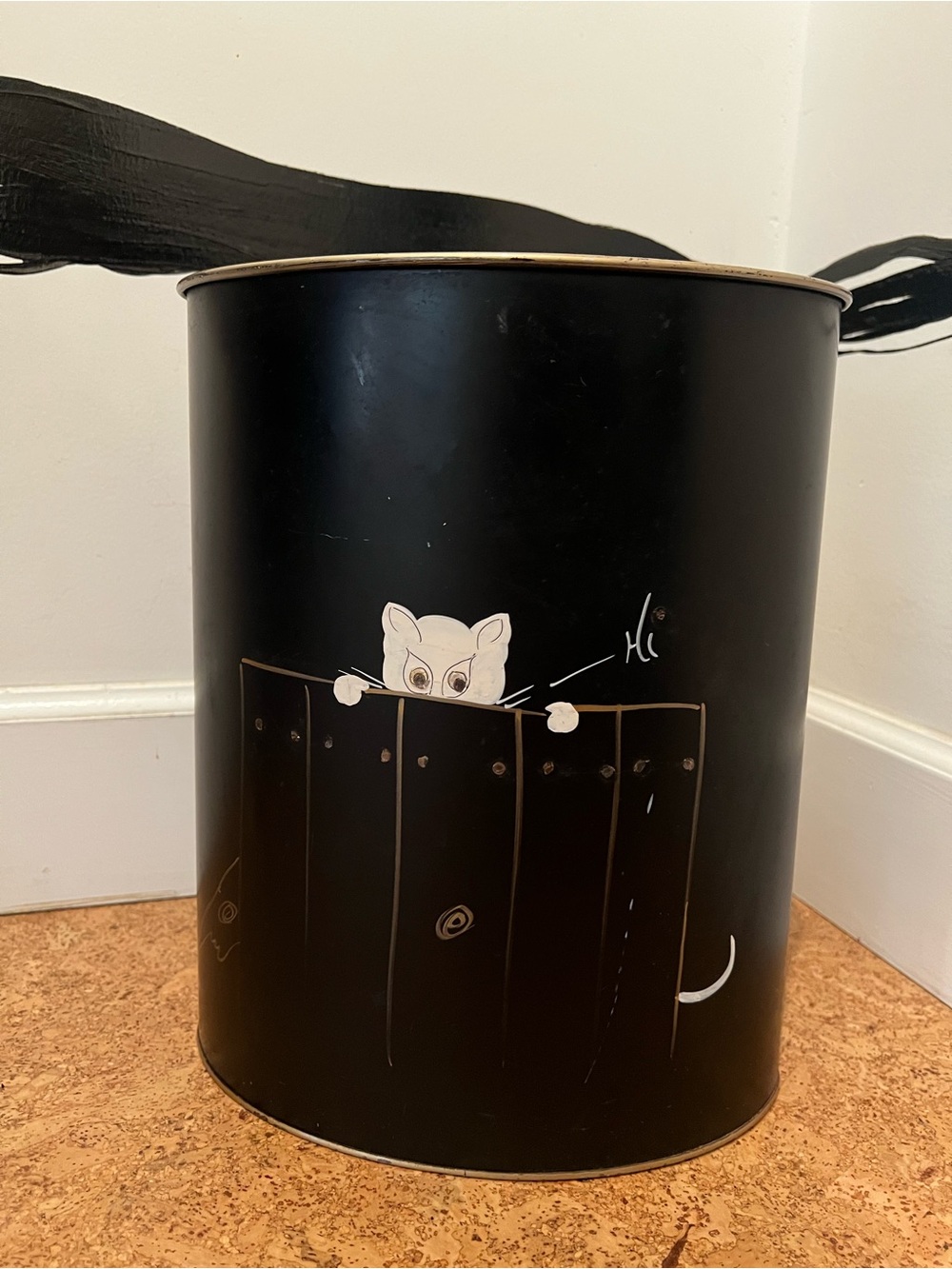 Vintage hand painted Wastebasket Peekaboo Cat garbage can Kitty cat 1960s